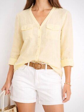Linen Butter Yellow Minimal Lightweight V-Neck Summer Orvis Button Up [size M]